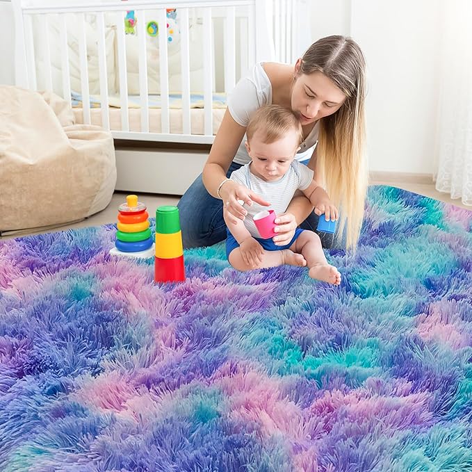 Tie-Dye Purple Rainbow Rug for Living Room 5x8ft Fluffy Modern Shag Area Rug Mat Bedside Throw Rug for Bedroom Kids Room Boys Teens Nursery Baby Dorm Office Home Decor Soft and Cozy Carpets