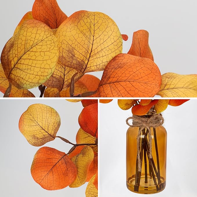 Briful Artificial Eucalyptus Stems in Amber Glass Vase with Faux Water, 14" Fake Fall Plant Autumn Leaves for Home Farmhouse Wedding Centerpiece Bathroom Décor