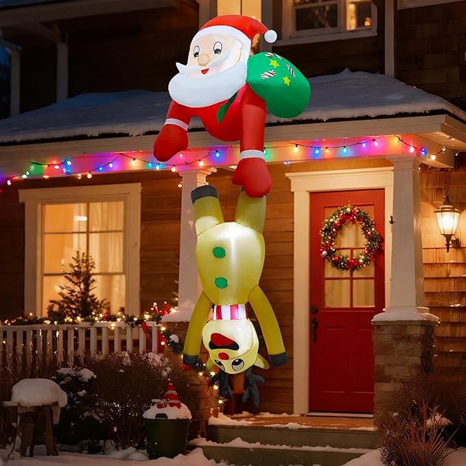 DR.DUDU 7 FT Christmas Inflatable Outdoor Decorations, Blow Up Santa Claus with Reindeer Hanging Xmas Inflatables Decor with LED Lights for Yard Lawn Porch Garden Holiday Party