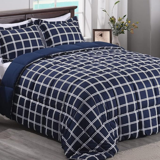 Basic Beyond King Comforter Sets 3 Piece Double-Line Plaid Lightweight Microfiber Down Alternative Comforter for All Season (1 Grid Comforter with 2 Pillowcases, Navy/White)