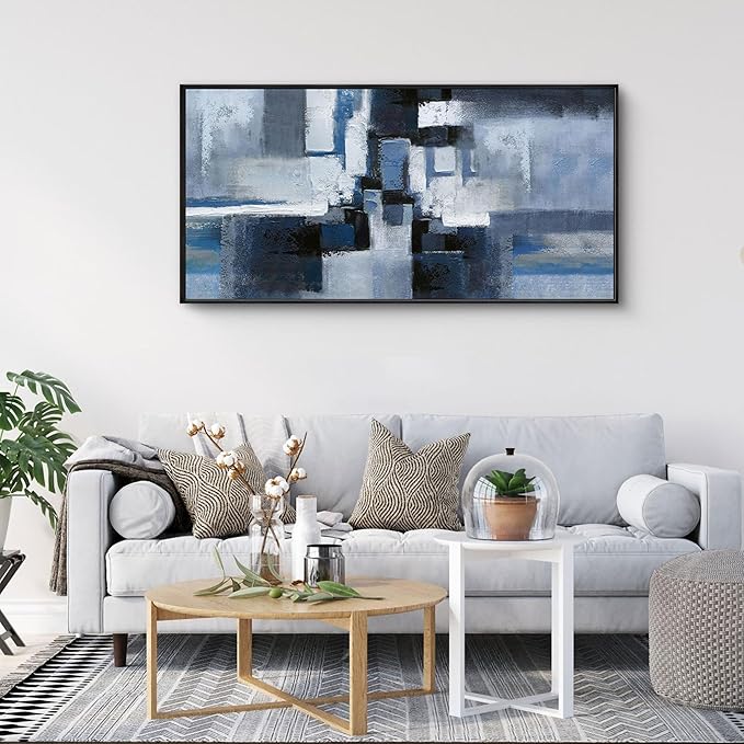 KLAKLA Large Abstracr Wall Art - Blue and Black Canvas Picture for Living Room Office Wall Decor Bedroom Art Framed Artwork Modern Wall Decoration 48x24 Inches