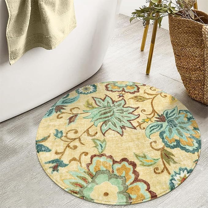 Lahome Floral Small Circle Rug, 3Ft Round, Washable Non-Slip Throw, Soft Boho, Beige Paisley Print, Indoor Area Rug for Kitchen, Bedroom, Nursery, Kids