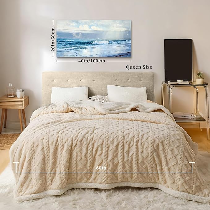 crmotu Beach Large Wall Art, Coastal Landscape Vintage Decor Painting, Sun and Ocean Waves Canvas Art Prints, Blue Aesthetic Wall Pictures for Living Room Bedroom bathroom, Office Decor 20"X40"