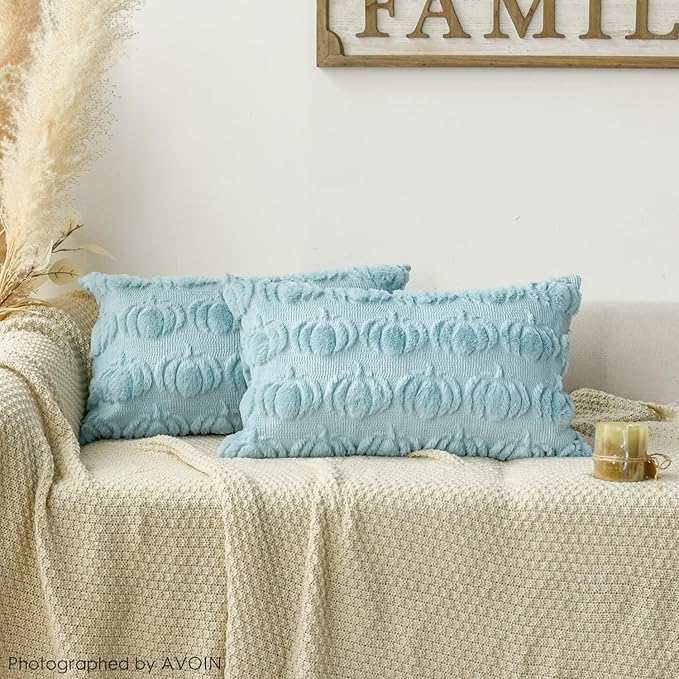 AVOIN colorlife Fall Pumpkin Blue Throw Pillow Covers, 12 x 20 Inch Seasonal Autumn Thanksgiving Harvest Decoration Soft Plush Faux Fur Jacquard Cushion Case Decoration for Sofa Couch Set of 2