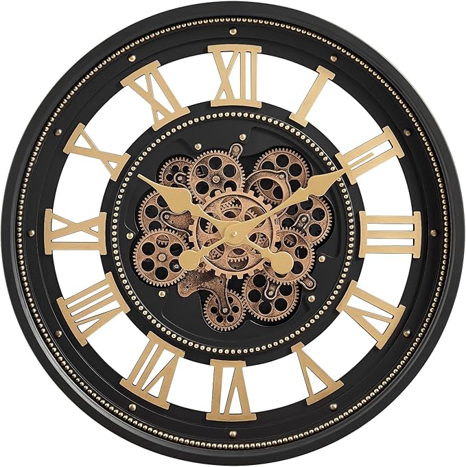 CLXEAST 24 Inch Wall Clock with Moving Gears, Large Roman Numeral Gear Clock for Living Room Decor,Modern Black& Gold Finish,House Warming Gifts New Home