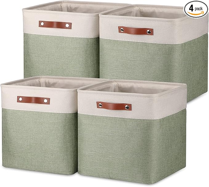 Temary Cube Storage Baskets for Shelves 4pack Fabric Storage Basket for Organizing Clothes, 13 Inch Storage Cubes with Leather Handles, Closet Baskets (White&Green)