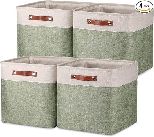 Temary Cube Storage Baskets for Shelves 4pack Fabric Storage Basket for Organizing Clothes, 13 Inch Storage Cubes with Leather Handles, Closet Baskets (White&Green)