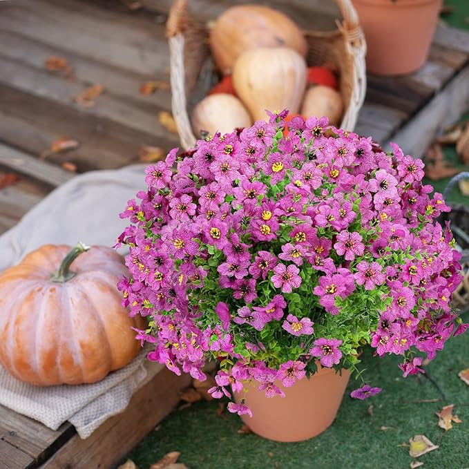 24 Bundles Artificial Flowers for Outdoors Decorations, Fake Flowers Artificial Plants Outdoor, Colorful Daisy Eucalyptus Realistic UV Resistant for Garden Patio Porch Home Decor, Purple