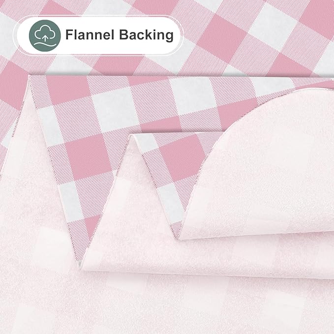 misaya Rectangle Waterproof Vinyl Table Cloth, Buffalo Flannel Backed Tablecloth, Wipeable Plastic Table Cover for Dinner, Kitchen, Outdoor (60" x 120", Pink and White)