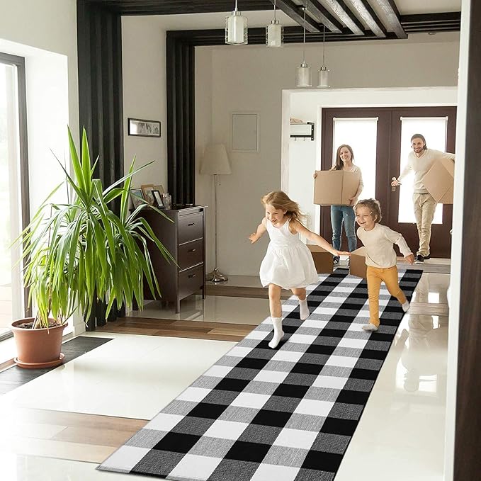 KOZYFLY Buffalo Plaid Rug 2x8 Ft Black and White Runners for Hallways Washable Checkered Rug Cotton Kitchen Runner Carpet Runner Rugs for Entryway Bedroom Living Room Farmhouse Runner Rug