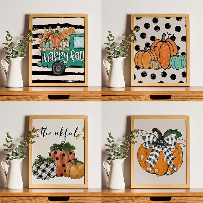 JXREQ Fall Decor Pumpkin Wall Art Decor, Rustic Farmhouse Truck Pumpkins Retro Fall Wall Decor Prints, Thankful Wall Decor for Harvest Thanksgiving Kitchen Bedroom Living Room, 8x10 Inch 4Pcs