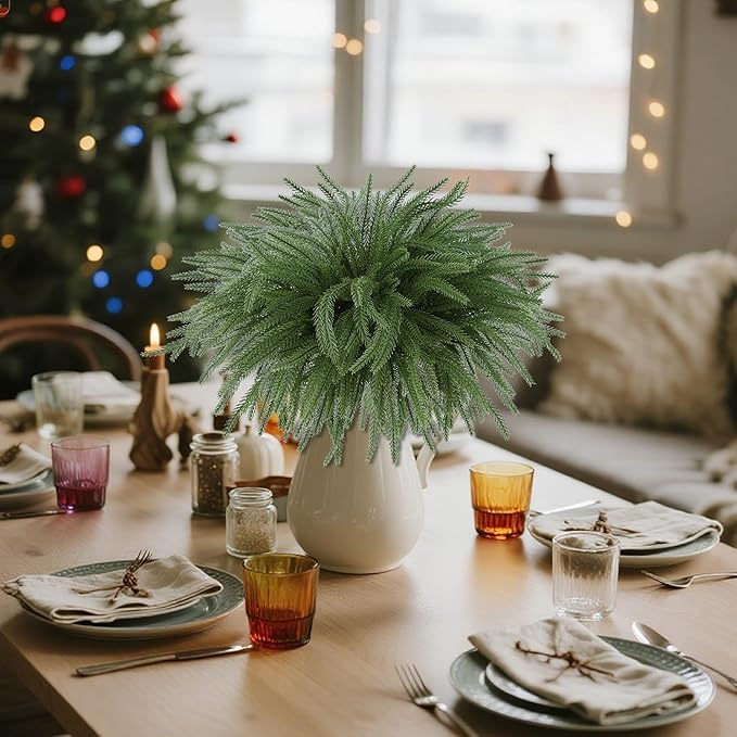 DR.DUDU 12 Pack Christmas Norfolk Pine Stems-18 Real Touch Artificial Christmas Greenery for DIY Wreaths, Garland & Holiday Decor, Xmas Tree Filler Branches for Vases, Mantel Tabletop Decorations