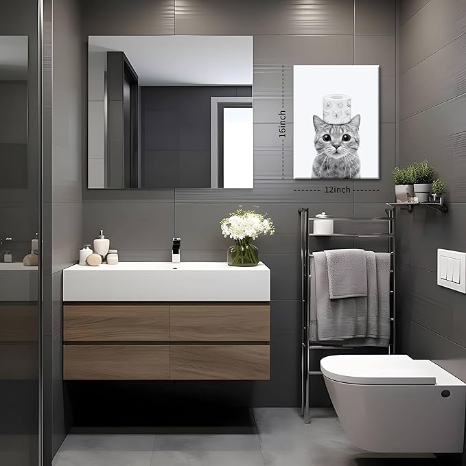 Funny Bathroom Wall Art, Cute Black and White Cat Canvas Wall Decor, Humor Toilet Paper Prints Bathroom Decor, Adorable Animal Picture Paintings Poster Toilet Signs 12x16 inch Framed