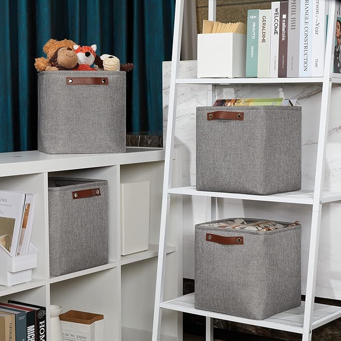 DULLEMELO Square Storage Cubes Baskets for Gifts Empty, 11 inch Cube Stroage Bins Linen Closet Organizers and Storage Baskets for Toy Nursery Shelves Bedroom Storage(4 Pack - 11" Grey)
