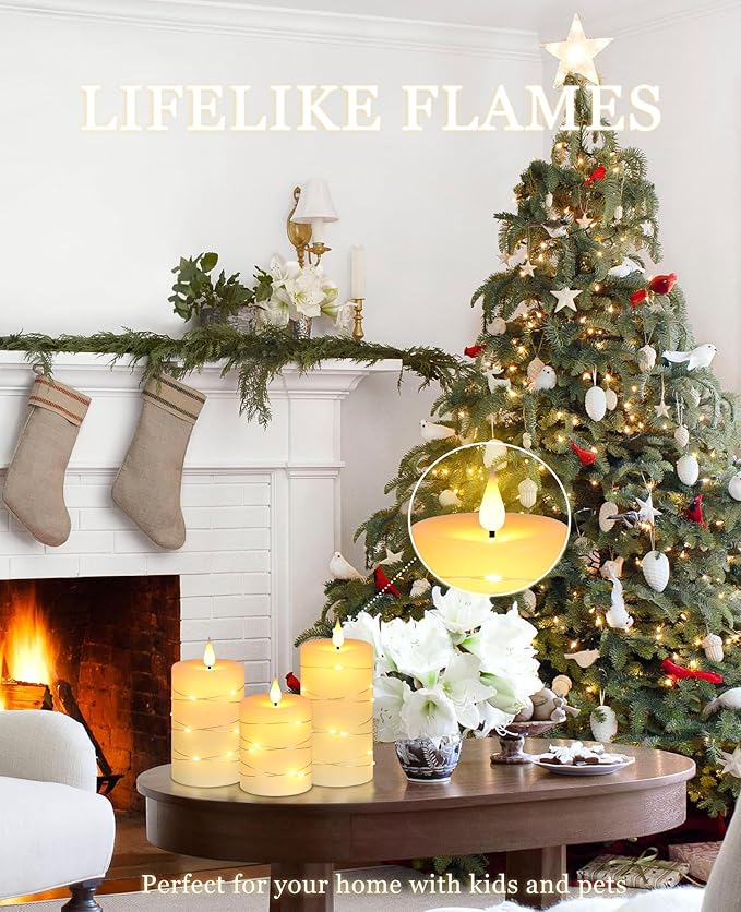 Da by Flameless Candles with String Lights, Battery Operated Candles with Remote and Timer, LED Pillar Candle Real Wax,3 Pack-Ivory White