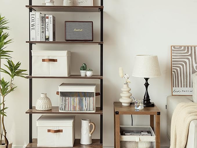 StorageWorks Storage Bins with Lid and Clear Window, Fabric Storage Boxes with Lids, Stackable Basket for Shelves, Closet Organizer and Storage Bins, Beige, Large, 4-Pack