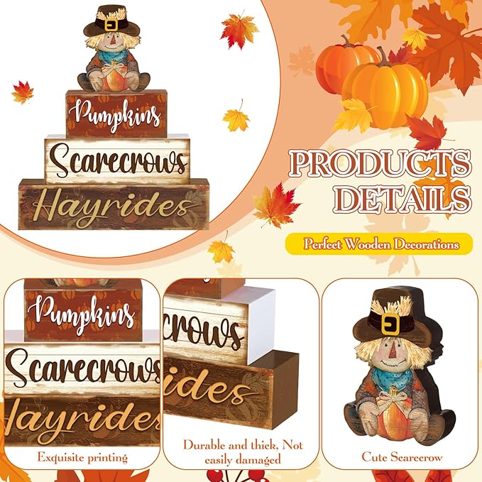 4 Pcs Fall Thanksgiving Decor for Home Cute Scarecrow Wooden Signs with Sayings Thanksgiving Fall Tiered Tray Decor Scarecrow Tabletop Centerpiece Hay Ride Block Signs for Office Kitchen Shelf
