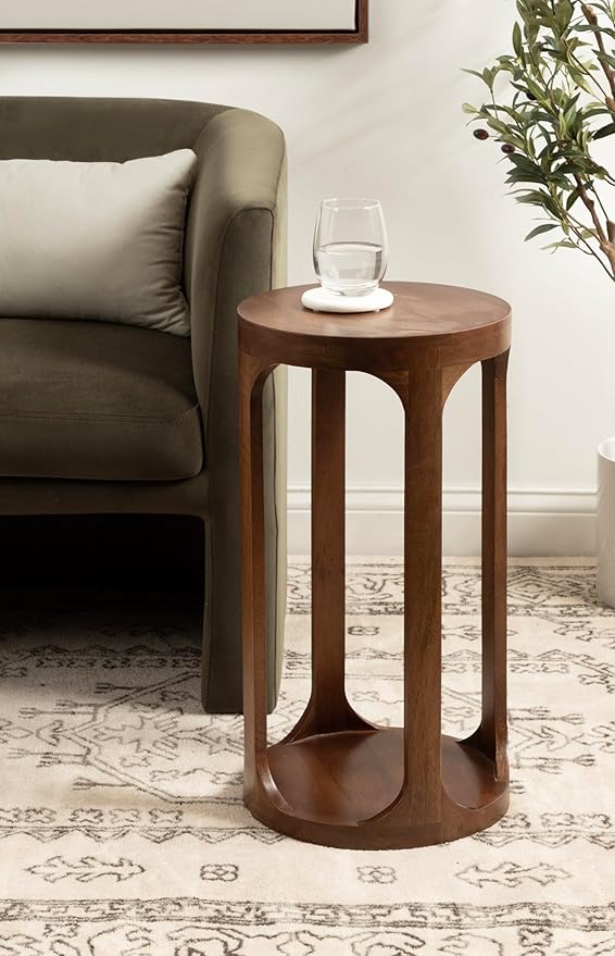 Kate and Laurel Dahl Modern Slatted Wooden Round Drink Table; 12 x 23; Walnut Brown; Transitional Wood Accent Pedestal Table for Use as Living Room Plant Stand or Small Bedroom Nightstand