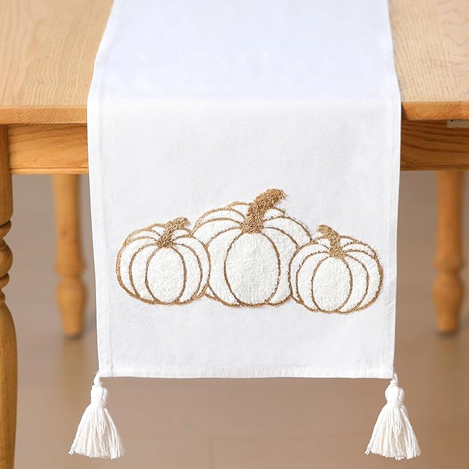Breling Thanksgiving Fall Pumpkin Table Runner Thanksgiving Pumpkin Rectangle Table Runner Fall Autumn Harvest Decoration for Kitchen Dining Home Dinner Party 13x72 Inch(White)