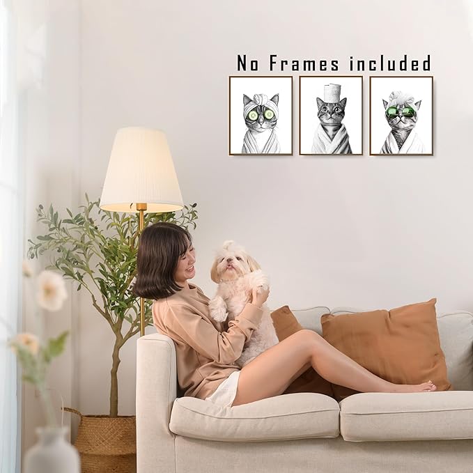 FITIE Funny Cat Bathroom Wall Art Prints Set of 3, Black and White Funny Cat Wall Art Posters for Bathroom Washroom Restroom Decor, 8x10 Unframed