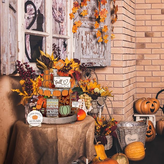 Sumind 15 Pcs Fall Tiered Tray Decor Set Fall Decorations for Home Autumn Wood Signs Thanksgiving Orange Brown Table Signs Farmhouse Wooden Maple Pumpkin Gnomes Tabletop for Festival(Harvest)