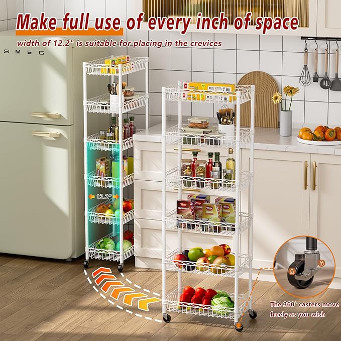 6 Tier Basket Shelf Wire Shelving Unit Adjustable Storage Shelves Big Basket Rack for Garage Kitchen Office Pantry Corner 17.2" Dx12.2 Wx63 H White