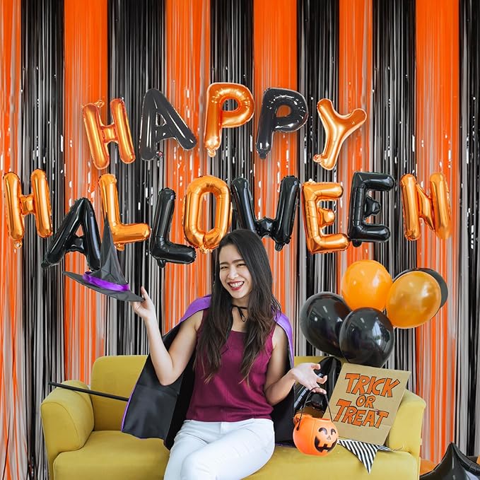 Halloween Party Decorations Tinsel Foil Fringe Curtains Party Backdrop, Melsan 3.2 x 8 ft Streamer Backdrop Tinsel Curtains for Birthday, Graduation, Halloween Party Decor - Pack of 2