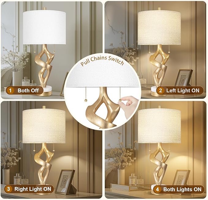 Scenekoy Sculptural Table Lamp Set of 2 with USB Ports for Bedroom Living Room, 26” Gold Leaf Marble Base Bedside Lamps, Pull Chains Switch Modern Nightstand Lamp for Home Room Decor (Bulbs Included)