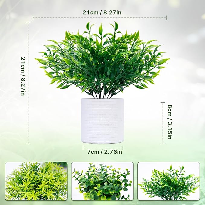 FGSAEOR Mini Potted Fake Plants, Small Artificial Greenery Realistic Plants Topiaries, Low Maintenance, for Home Office Shelf Desk Farmhouse Room Coffee Table Decor (3-Pack) (Green)