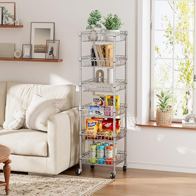 6 Shelves Storage Shelf Wire Closet Bathroom Organizers Metal Pantry Kitchen Garage Shelving Unit Laundry Room Organization Home Rack Net Basket Silver with Wheels 14" Dx14 Wx64.8 H
