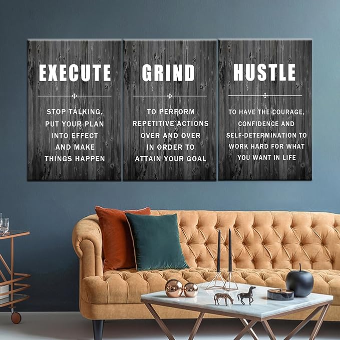 Inspirational Wall Art Execute Grind Hustle Motivational Poster 3 Pieces Canvas Prints Artwork for Living Room Modern Home Decor Painting Pictures Stretched and Framed Ready to Hang [72''Wx 36''H]