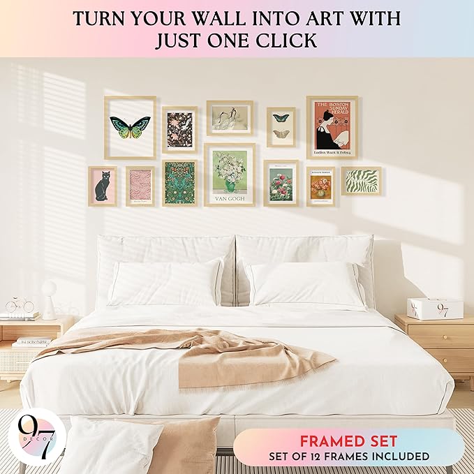 97 Decor Eclectic Wall Art FRAMED - Vintage Boho Wall Decor, Trendy Boho Prints For Wall, Framed Gallery Wall Art Set Dorm Posters For Room Aesthetic Pictures, Maximalist Decorations For Home (BEIGE FRAME)