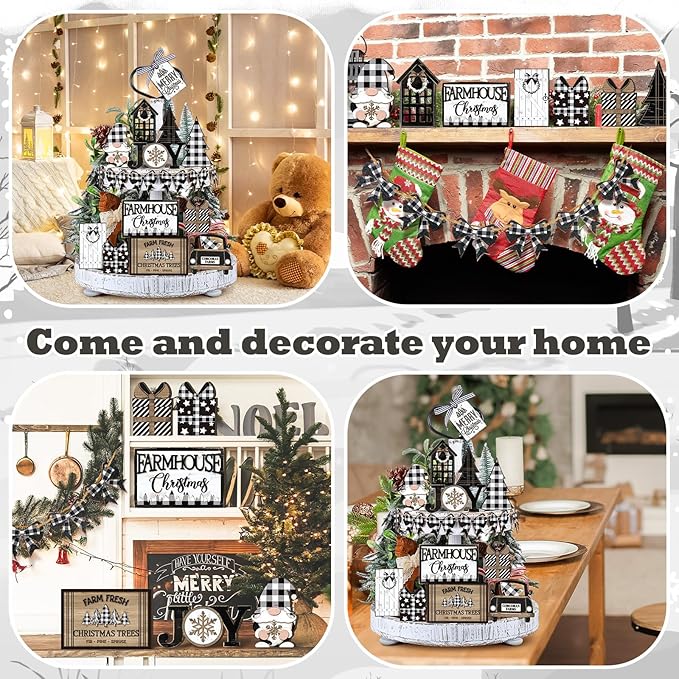 17 Pcs Christmas Tiered Tray Decor Set Winter Tiered Tray Decorations Farmhouse Tabletop Centerpiece Christmas Wooden 3D Sign for Xmas Home Buffalo Plaid Rustic Table Decoration(Gnome)