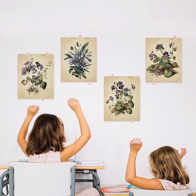 HRQKO Vintage Botanical Purple Flower Wall Art Poster Prints Set of 4, Floral Wall Decor, Wildflower Artwork Printing Wall Decor, Retro Floral Wall Art Prints for Living Room Bedroom 8”x10” Unframed