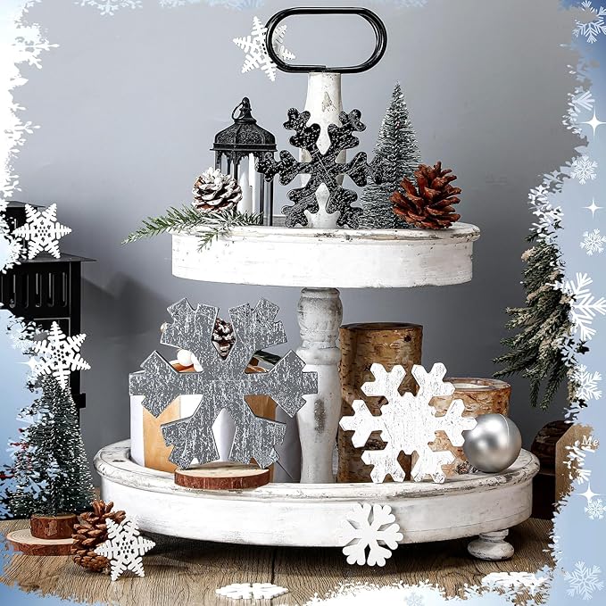 Bucherry 3 Pcs Winter Wooden Snowflake Decor Rustic Winter Snowflake Table Signs Wonderland Wood Blocks Farmhouse Christmas Tiered Tray Decorations for Xmas Table Shelf(Gray, White, Black)