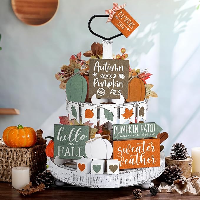 Sumind 15 Pcs Fall Tiered Tray Decor Set Fall Decorations for Home Autumn Wood Signs Thanksgiving Orange Brown Table Signs Farmhouse Wooden Maple Pumpkin Gnomes Tabletop for Festival(Heart)