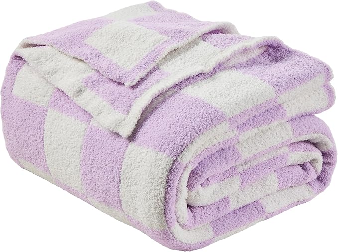 JOOJA Soft Cozy Checkerboard Lilac Blanket - Fluffy Knit Throw Blanket for Couch - Plaid Checkered - 60x80 in
