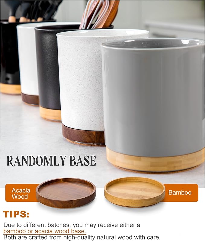 Nucookery 360°Rotating Utensil Holder, 7.2" Kitchen Utensil Crock, Ceramic Cooking Utensil Organizer with Countertop-Protection Cork Bottom for Farmhouse Kitchen Decor Christmas (Stone Black)