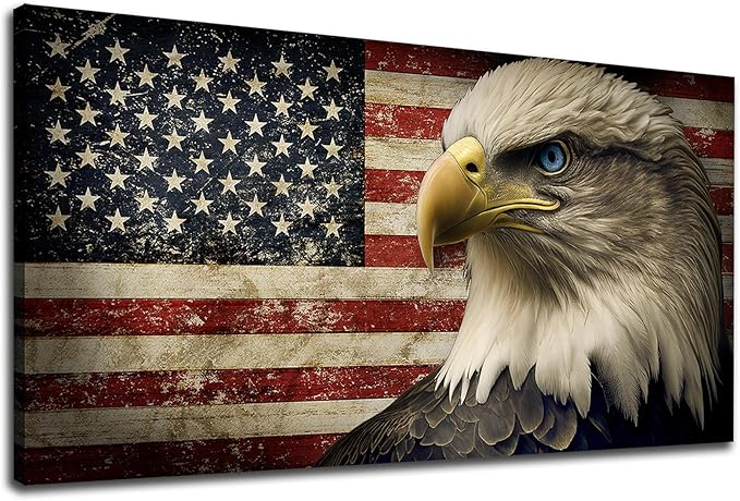yearainn American Flag Wall Art - Flag of USA with Eagle Canvas Pictures for Wall Decor Patriotic Canvas Printing Artwork Vintage Rustic Design for Living Room Home Office Wall Decoration 29" x 58"