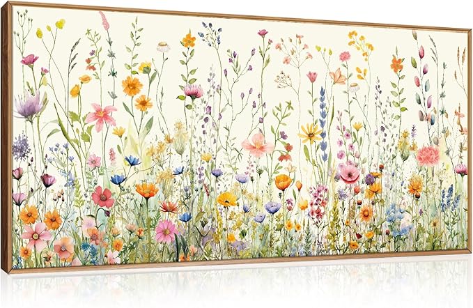 HPINUB Colorful Flower Framed Canvas Wall Art Set, Watercolor Daisy Floral Wall Decor, Wildflower Green Leaf Wall Painting, Multicolour Botanical Art Print for Living Room, Bedroom, Office -20"x40"