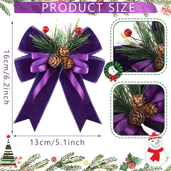 Syhood 6 Pcs Christmas Bows with Pine Cones Pine Needles Xmas Velvet Bows Purple Velvet Ribbon Christmas Tree Wreath Decoration for Xmas Parties Indoor Outdoor Crafts DIY Decor
