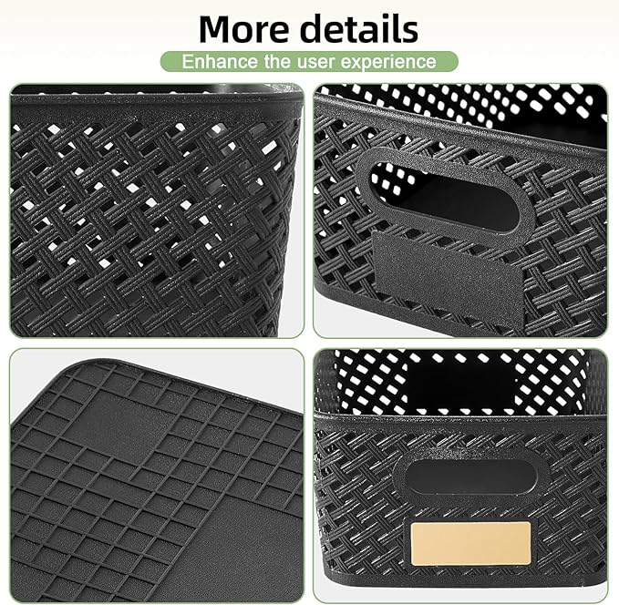 Small Plastic Twill Woven Storage Baskets, Stackable Organizing Containers with Labels for Pantry Office Kitchen, 6-Pack, Black