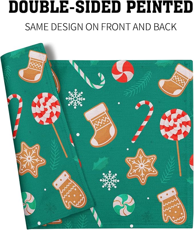 Gingerbread Placemats 12×18 Inches Set of 4 Holiday Green Indoor Kitchen Dining Table Place Mats for Home Party Decoration