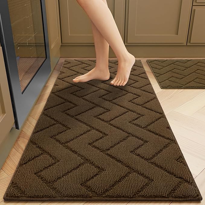 hicorfe Kitchen Rugs and Mats Sets,2 Pieces Super Absorbent Polypropylene Non-Slip Rug,Soft Comfort Floor Mat,Washable for Kitchen,Hallway,Office,Sink,Laundry(20" x 31.5" Plus 20" x 48",Dark Brown)