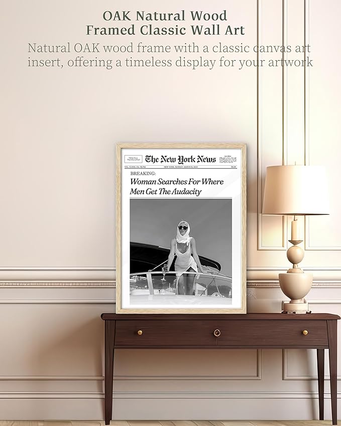 iHery Woman Searches For Where Men Get The Audacity Newspaper Headline Framed Wall Art, Natural OAK Wood Trendy 12x16 in Canvas Wall Art Décor For Bedroom Living Room Bathroom Set of 1