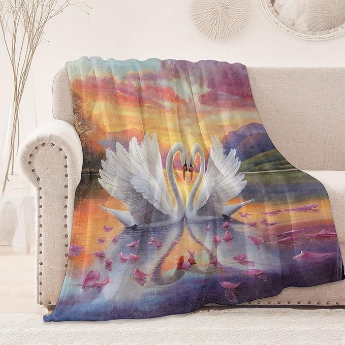 Romantic Swan Blanket, Cozy Flannel Elegant Swans & Petals Throw Blanket, Soft Fuzzy Blankets for Travel Home Decor, All Season Lightweight Couch Bed Cover, Gifts for Women Adults Kids 40"×50"