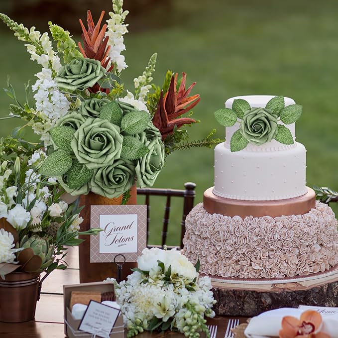 AmyHomie Artificial Flowers Green Rose 25pcs Real Looking Fake Roses w/Stem for DIY Wedding Bouquets Centerpieces Arrangements Party Baby Shower Home Decorations