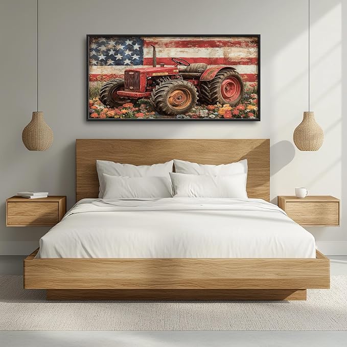 Framed Large Wall Art for Living Room, Farmhouse Tractors Canvas Wall Decor, Large Rustic Country Wildflowers Pictures Framed Painting, Natural Landscape Artwork for Bedroom Office Home Decor 60L'' × 30W''