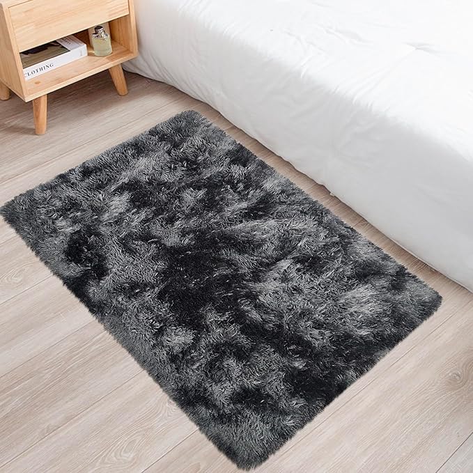 Small Tie-Dyed Area Rug for Bedroom 2x3 Mini Black Grey Fluffy Rug Mat Bedside Throw Rug for Kids Room Boys Teens Nursery Baby Dorm Living Room Home Decor Aesthetic Carpets