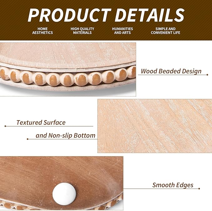 HPC Decor 15in Oval Tray for Home Decor - Brown Wood Beaded Tray - Decorative Serving Tray,Rustic Farmhouse Wooden Trays for Vintage Centerpiece,Kitchen Counter,Living Room Decor,Coffee Table Decor.